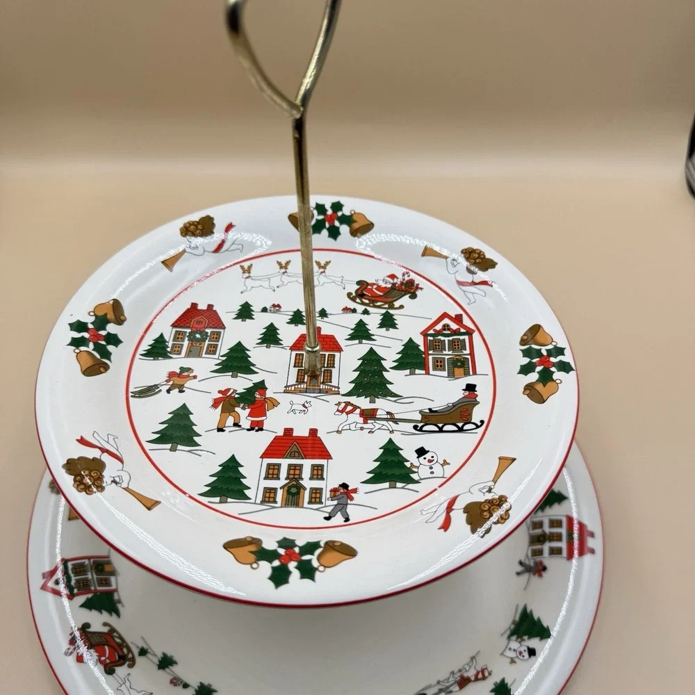 Jamestown China The Joy of Christmas 2 Tiered Serving Stand Ceramic Plates Retro